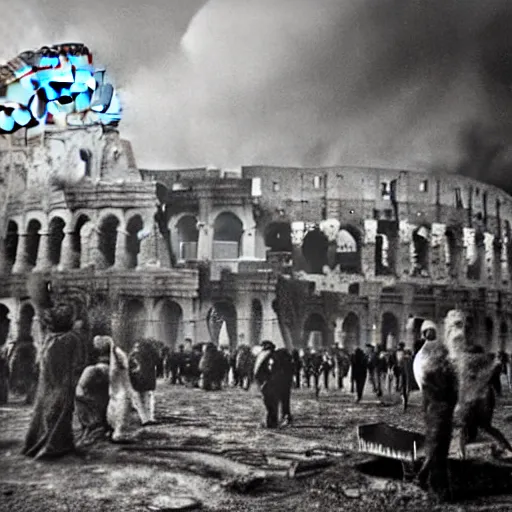 Image similar to Rome burning , realistic, old photo,