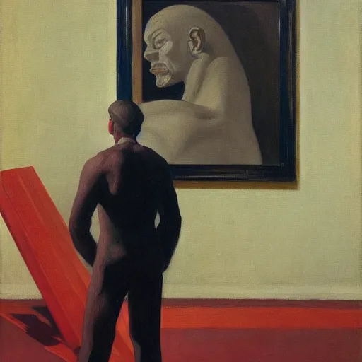 Prompt: a painting by edward hopper of a man looking at a sculpture of a human body with its organs ripped out