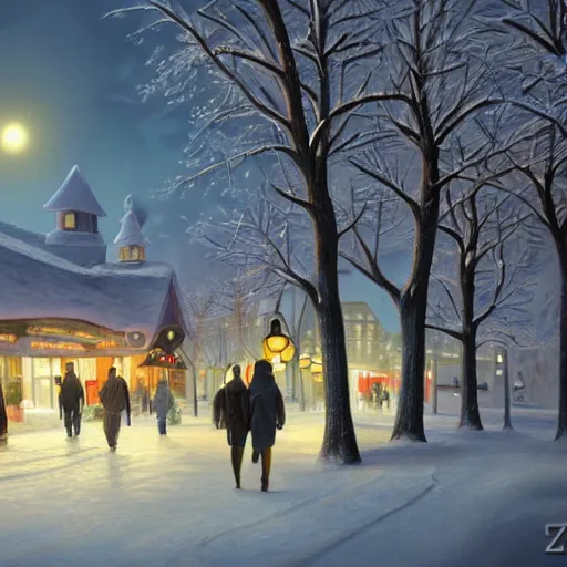 Image similar to winter town centre inspired by Evgeny Lushpin, Peter Zumthor,bus,people walking winter sunset,full moon,p