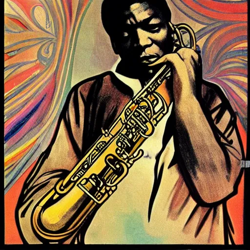 Image similar to Beautiful picture John Coltrane playing the saxophone reaching nirvana, Alphonse Mucha style