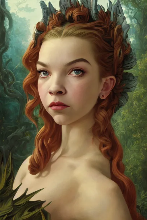 Image similar to A fantasy comic book style portrait painting of Anya Taylor-Joy, hybrid, Natalie Wood, as an Atlantean Reptilian Warrior, François Boucher, Oil Painting, Mystical Valkyrie, unreal 5, DAZ, hyperrealistic, octane render, Regal, Refined, Detailed Digital Art, RPG portrait, William-Adolphe Bouguereau, Michael Cheval, Walt Disney (1937), Steampunk, dynamic lighting, Highly Detailed, Cinematic Lighting, Unreal Engine, 8k, HD