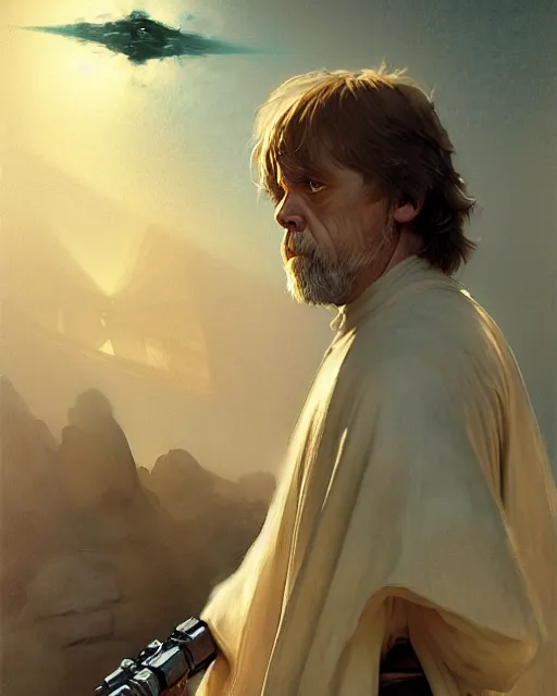 Image similar to luke skywalker, jedi knight. fantasy science fiction art by greg rutkowski, gustave courbet, rosa bonheur, edward hopper. faithfully depicted facial expression, perfect anatomy, realistic eyes, sharp focus, global illumination, radiant light, detailed and intricate environment, trending on artstation