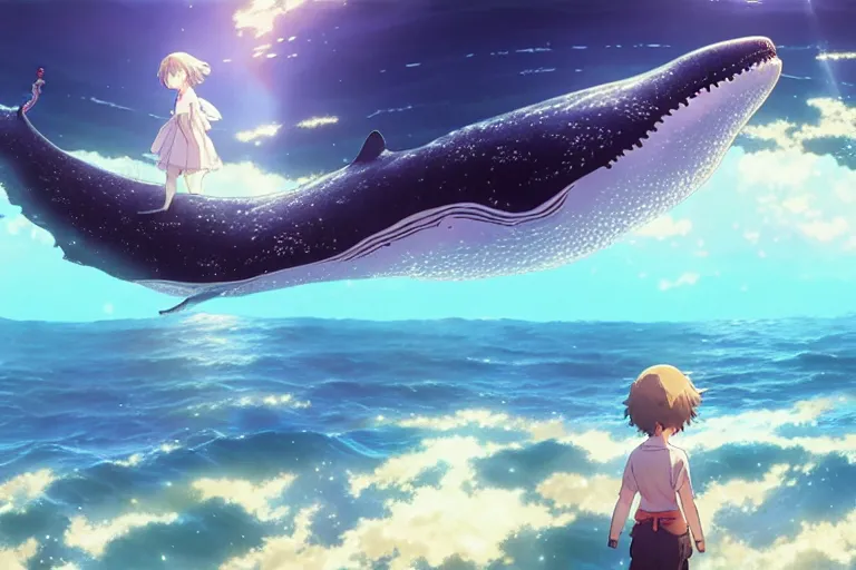 Image similar to a panorama distant view under the water, hyper detailed cg rendering of a cute girl and whale, anime key visual of children of the sea, finely detailed perfect face, style of raphael lacoste, makoto shinkai, violet evergarden, studio ghibli, james jean, hayao miyazaki, extremely high quality artwork