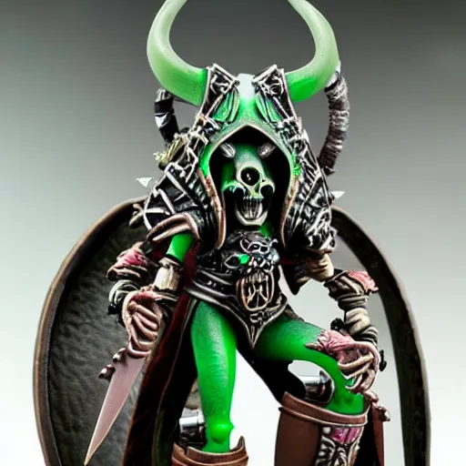Image similar to photo of a female skaven from warhammer, skull rings, skull shield, warhammer model, figurine, highly detailed, sharp focus