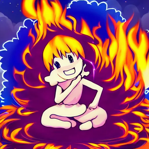 Image similar to fluffy popcorn anime character with a smiling face and flames for hair, sitting on a lotus flower, clean composition, symmetrical