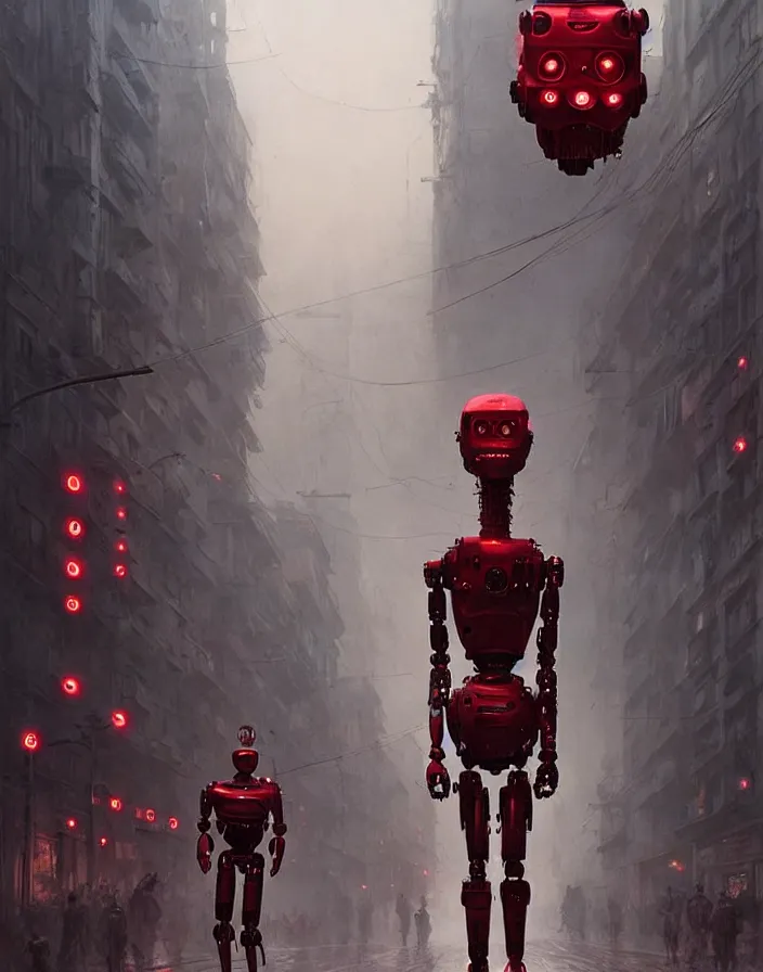 Image similar to a humanoid robot with red eyes marching down a street in los angeles, scifi, cinematic, horror, photorealism, hyper detailed, by greg rutkowski and zdzisław beksinski