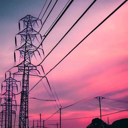 Prompt: man standing in front of electricity pylons during a pink sunset, low angle