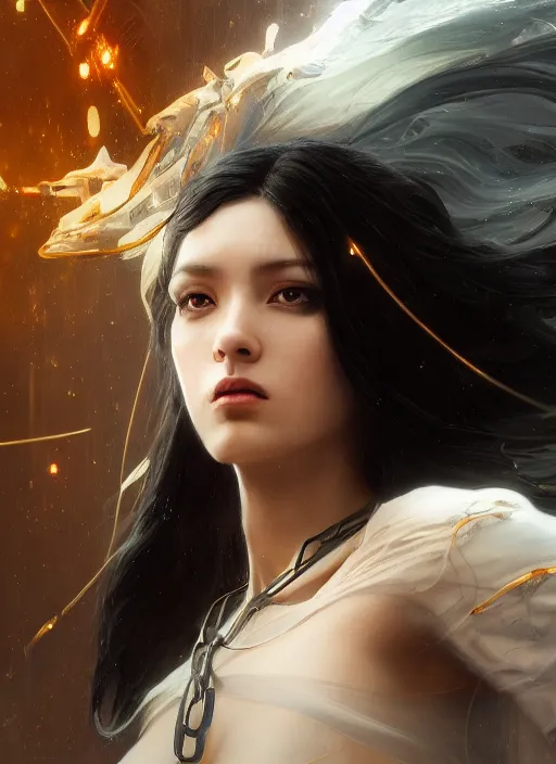 Image similar to a Photorealistic dramatic hyperrealistic render of a female cyborg, brilliant gold eyes, flowing beautiful black hair, white veil,by WLOP,Artgerm,Greg Rutkowski,Alphonse Mucha, Beautiful dynamic dramatic dark moody lighting,shadows,cinematic atmosphere,Artstation,concept design art,Octane render,8K