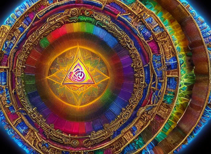 Image similar to hyperrealism, detailed textures, photorealistic 3 d render, a mystical wizard wearing a beautifully coloured tibetan kalachakra crystal mandala with sanskrit writing as a pendant, sharp focus, ultra realistic, ultra high pixel detail, cinematic, intricate, cinematic light, concept art, illustration, art station, unreal engine 8 k