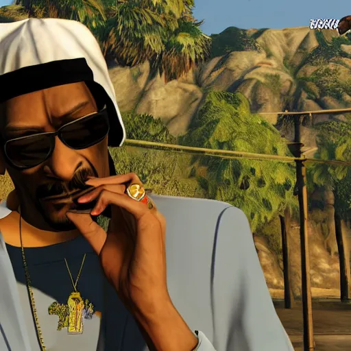 Prompt: still of snoop dogg smoking a blunt in gta v