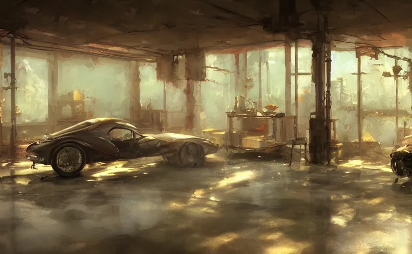 Image similar to an old garage interior, painting by Craig Mullins, octane rendering, soft lighting, wide angle lens, low view, in the style of Hayao Miyazaki, trending on artstation,