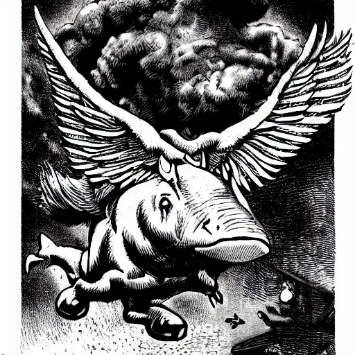 Prompt: winged flying pig with unicorn horn, richard corben style, black and white, stipple