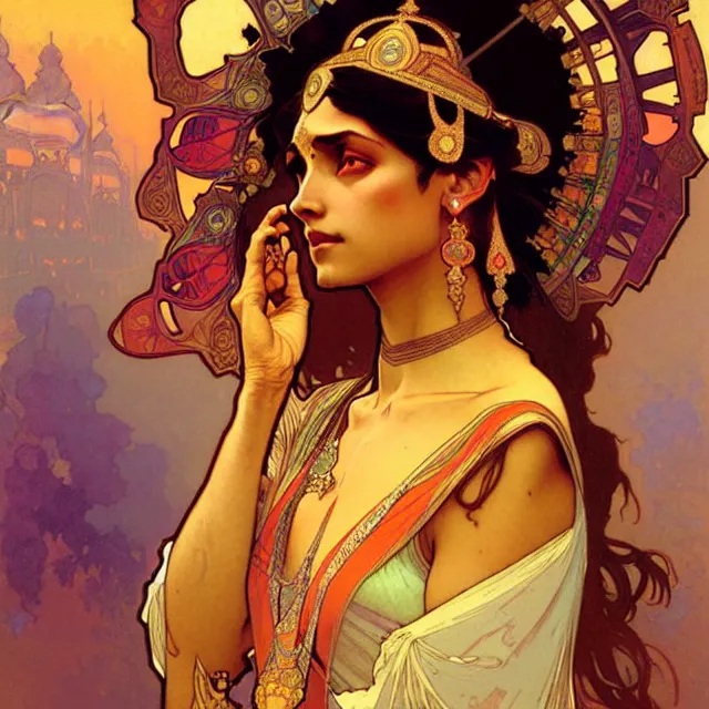 Image similar to an indian princess, art by alphonse mucha and greg rutkowski, elegant, extremely detailed