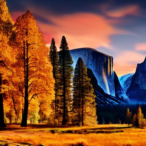 Image similar to painting of Yosemite on an autumn day, in the style of Mark Zuckerberg. Beautiful landscape, great lighting, very detailed, 8k, trending on art station