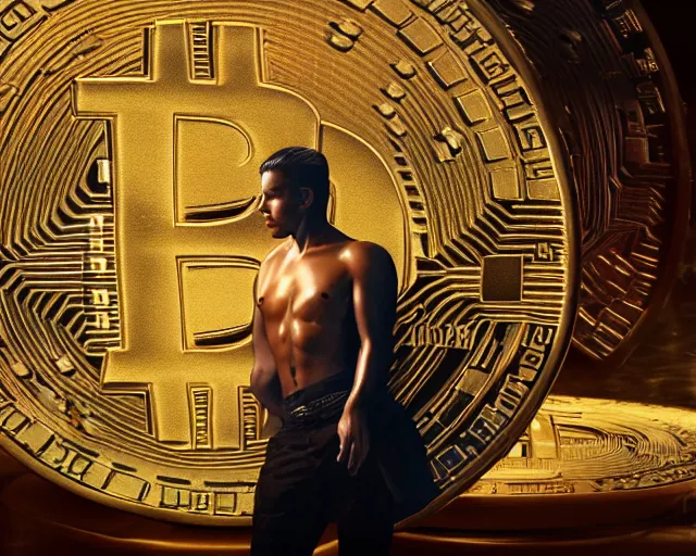 Image similar to attractive oiled up glossy man posing in front of a huge golden bitcoin, angelic light, commercial by annie liebovitz, gaston bussiere, craig mullins, j. c. leyendecker, photorealistic, trending artstation, 8 k, smooth