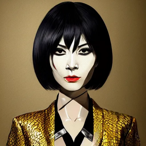 Image similar to Goro Majima as slim girl, gold suit jacket in snake print, black leather gloves, short black hair, black eye patch, elegant, 2d, ultra highly detailed, digital painting, smooth, sharp focus, artstation, art by Ilya Kuvshinov