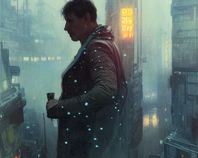 Image similar to 2 0 1 8 blade runner movie still man look at the cityscape from roof perfect face fine realistic face pretty face neon puffy jacket blue futuristic sci - fi elegant by denis villeneuve tom anders zorn hans dragan bibin thoma greg rutkowski ismail inceoglu illustrated sand storm alphonse mucha