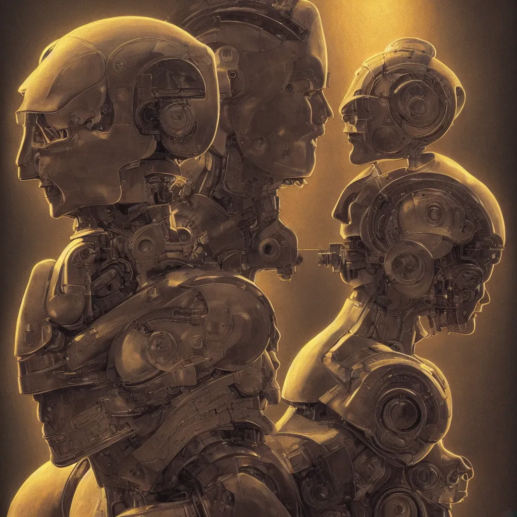 Prompt: cinematic bust portrait of futuristic god robot, part by Norman Rockwell, part by maxfield parrish, part by Mattias Adolfsson, high angle,, detailed, (((volumetric lighting))), oil on canvas, HD, HDR, 4K, 8K , nice colors