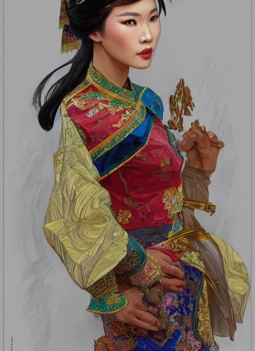 Image similar to portrait of an vietnam supermodels wearing traditional costume, highly detailed, digital painting, artstation, concept art, sharp focus, illustration, art by kittichai rueangchaichan and james gurney and alphonse mucha