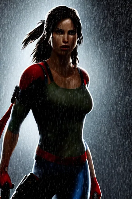 Prompt: cinematic!!!! of lara croft as spiderman!!!!!!, dramatic rain, 8 k, moody lighting