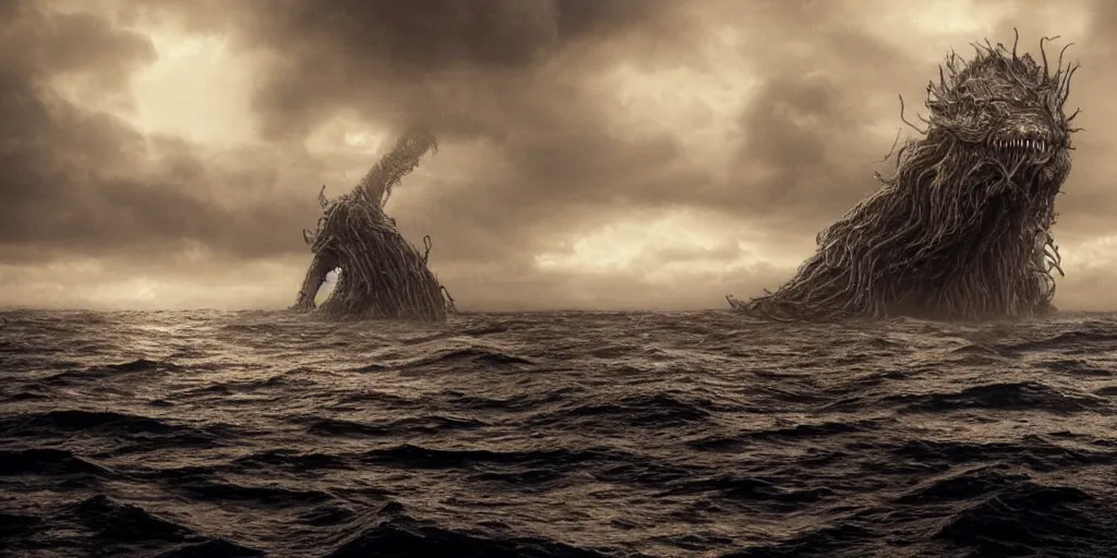 Image similar to a highly detailed realistic photographic render of a boat witnessing a lovecraftian monster creature in the sea. humanoid, creepy, cinematic lighting, cinematic scene, Volumetric lighting, Atmospheric scene, Dark, Horror, Atmospheric lighting, Global illumination, realistic, photo realism, hyper realistic, hyper realism, photo realisitc, cinematic render, film, beautifully lit, ray traced, octane 3D render, octane render, unreal engine