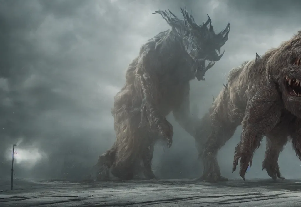 Prompt: vfx color film closeup, huge behemoth monster creature beast by aaron sims, in residential street, low - key lighting award winning photography arri alexa cinematography, hyper real photorealistic cinematic beautiful, atmospheric