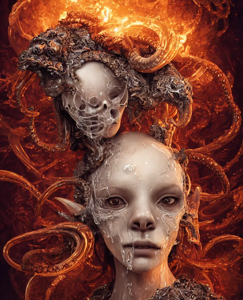 Image similar to close-up macro portrait of the face of a beautiful princess with ram goat satan mask, epic angle and pose, ribcage skeleton symmetrical artwork, 3d with depth of field, blurred background, cybernetic jellyfish female face phoenix bird, translucent, nautilus, energy flows of water and fire. a highly detailed epic cinematic concept art CG render. made in Maya, Blender and Photoshop, octane render, excellent composition, cinematic dystopian brutalist atmosphere, dynamic dramatic cinematic lighting, aesthetic, very inspirational, arthouse. y Greg Rutkowski, Ilya Kuvshinov, WLOP, Stanley Artgerm Lau, Ruan Jia and Fenghua Zhong