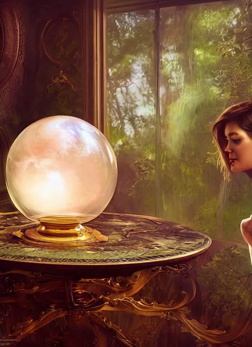 Image similar to crystal ball on a large wood stand with a beautiful dreamscape inside, studio product photography, centered, super highly detailed, professional digital painting, artstation, concept art, smooth, sharp focus, extreme illustration, unreal engine 5, photorealism, beautiful, cinematic, art by artgerm and rutkowski and alphonse mucha and loish and wlop