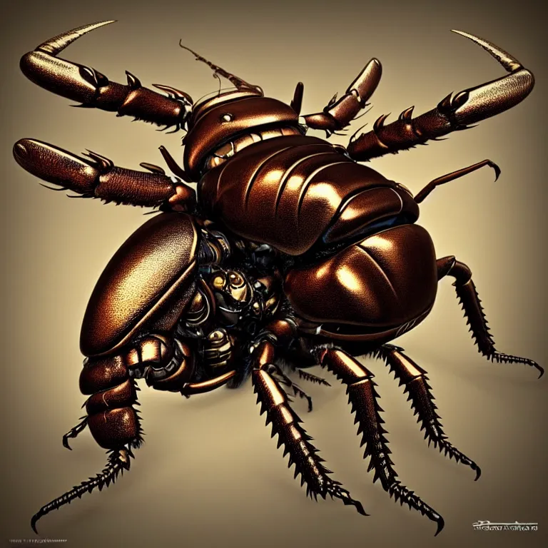 Image similar to steampunk stag beetle, biomechanical, very coherent symmetrical artwork, cinematic, 3 d model, unreal engine realistic render, 8 k, micro detail, intricate, elegant, highly detailed, centered, digital painting, smooth, sharp focus, illustration, artgerm, tomasz alen kopera, by wlop