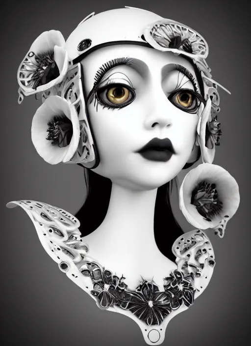 Image similar to black and white dreamy profile face portrait, one silver steampunk eye biomechanical beautiful angelic young female cyborg - robot - doll bust, body ribs meshes,, volumetric light, hibiscus flowers, rim light, big gothic fashion pearl embroidered collar, 1 9 3 0, 8 k