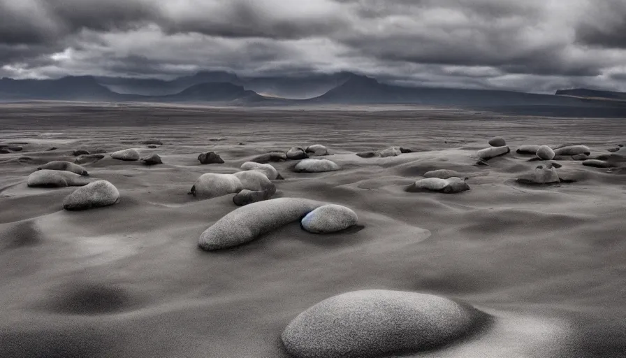 Image similar to a vast icelandic landscape, black sands and cream colored menhirs, cloudy sky, dust particles, cinematic lighting, behance hd, trending on artstation, national geographic photography, digital painting, matte painting