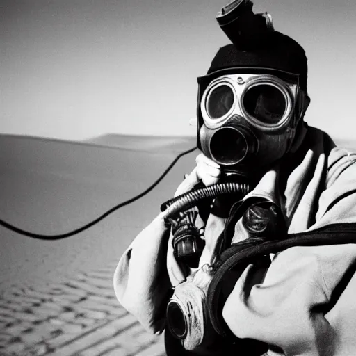 Image similar to a man wearing a pilot gasmask, with long air tubes, straps, heavy equipment, in the desert, film still, arriflex 35