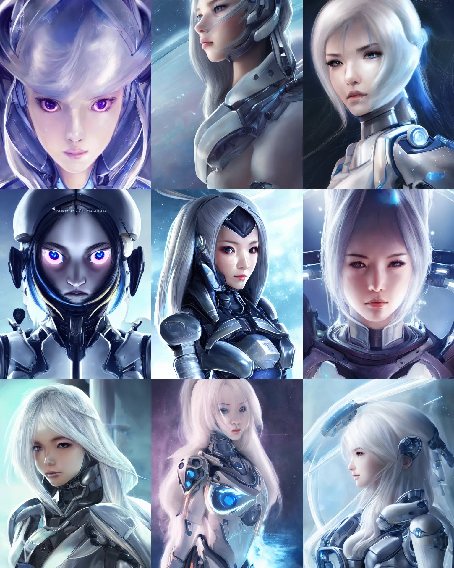 Image similar to detailed portrait of perfect android girl, warframe armor, beautiful face, scifi, futuristic, space station, laboratory, song hye - kyo, dreamy, long white hair, blue cyborg eyes, cinematic lighting, innocent, highly detailed, sharp focus, smooth, artstation, intricate, award winning, pure aura, divine, by akihiko yoshida