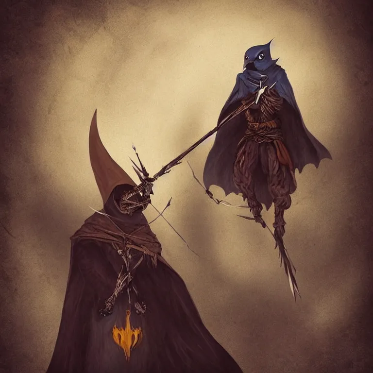 Image similar to “a Kenku in a hooded cloak holding a bow and arrow, fantasy art, digital art, 4K”