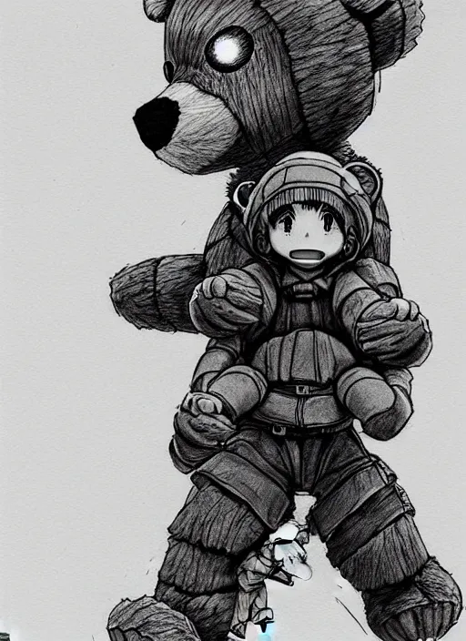 Image similar to beautiful little boy wearing an cyborg bear suit, artwork in kentaro miura and made in abyss and rosdraws, smooth, beautiful lightness, anatomically correct, trending on pixiv, forest