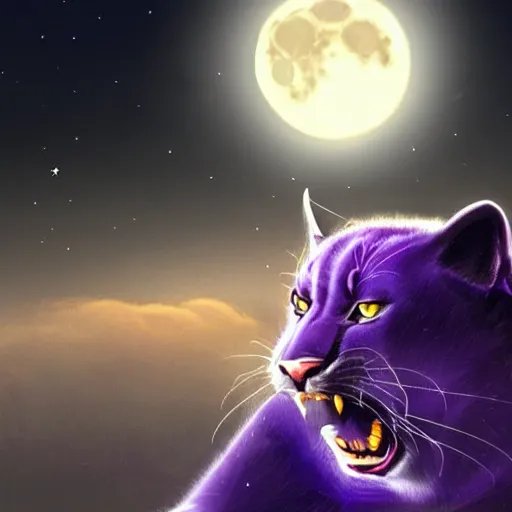Image similar to digital painting of a large purple panther roaring at night. moon in background. digital drawing, illustration, 4 k, highly detailed, artstation, realistic, dramatic, darkness.