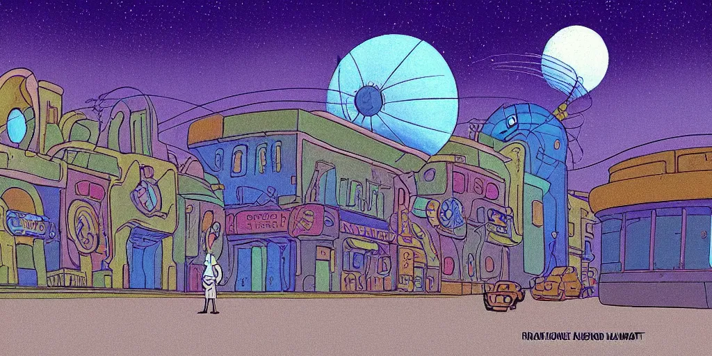 Prompt: traditional drawn colorful animation a car solo stranger with sad face pacing to valley symmetrical architecture on the ground, space station planet afar, planet surface, ground, flower, outer worlds extraterrestrial hyper contrast well drawn Metal Hurlant Pilote and Pif in Jean Henri Gaston Giraud animation film The Masters of Time FANTASTIC PLANET La planète sauvage animation by René Laloux