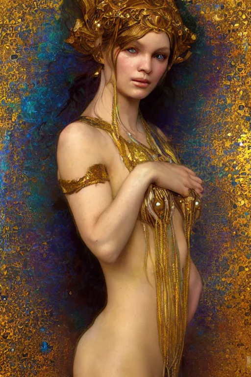 Image similar to an intricate painting of a beautiful young mermaid with klimt golden motives and textures, hyper detailed, ornamental gold headpiece, octane render, vivid colors, artstation, by jeremy mann, by alphonse mucha, by boris vallejo