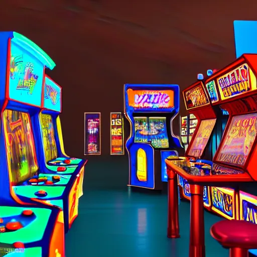 Image similar to inside an arcade, vaporwave 9 0 s dreamy empty, highly detailed, 3 d render, vray, octane, realistic lighting, photorealistic