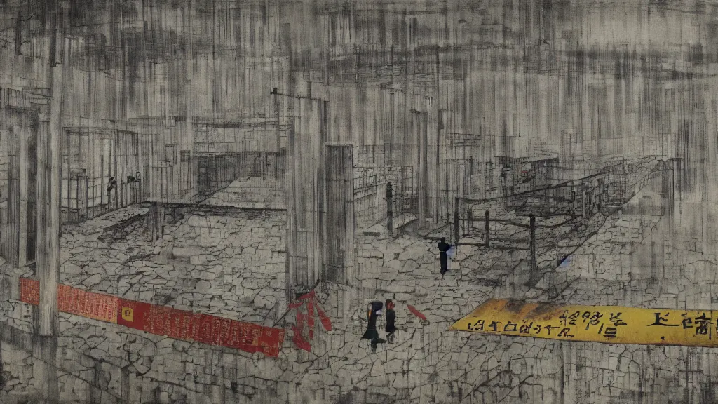 Image similar to a chinese prison near a river by peter doig, shades of grey, overlaid with chinese adverts