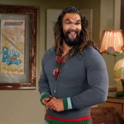 Image similar to a still image of jason momoa as mr. rogers