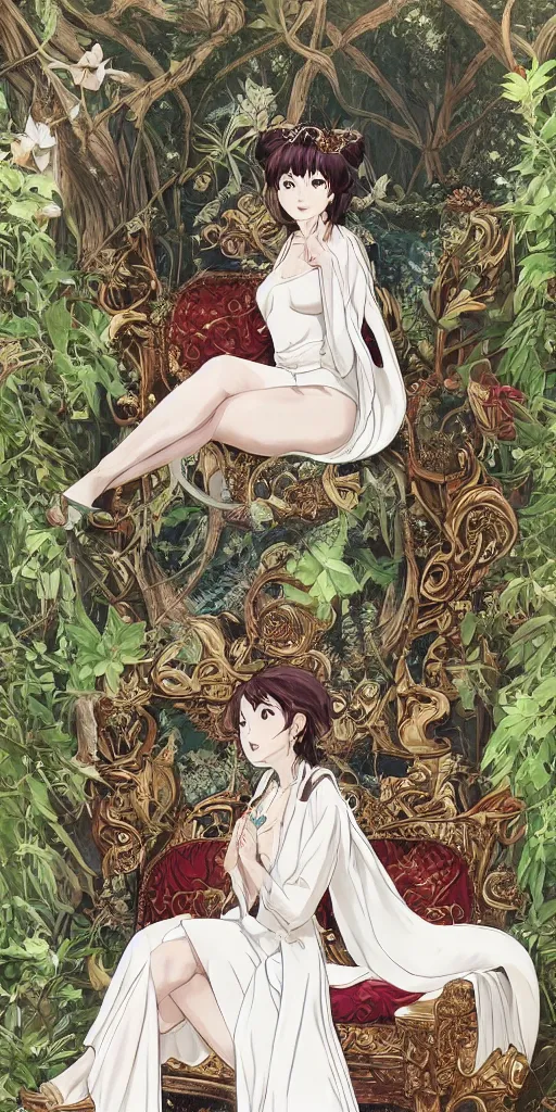 Image similar to an highly detailed magical empress sitting by herself on a sofa in a forest wearing a white robe drawn by cloverworks studio, elegant, beauty, tarot card,