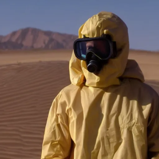 Image similar to a man wearing a hazmat suit and goggles, in the desert, film still, directed by vince gilligan