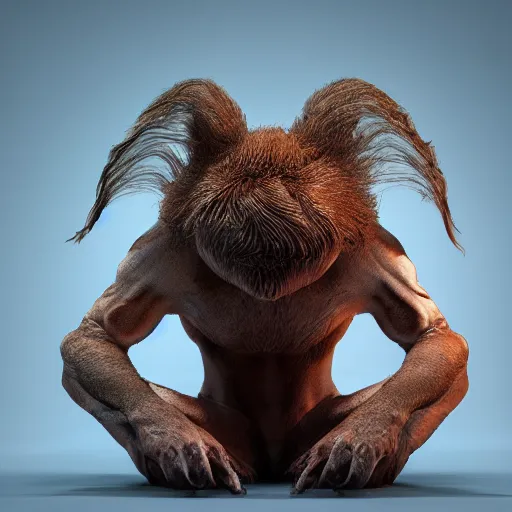 Image similar to a high resolution photo of a head animal morphing creature, long hair gills morph scales merged in fur skin, wrinkled hairy muscles skin, veins merged feet head, normal map, displacement map, distorted animal head face eyes arms tail, reflection map,