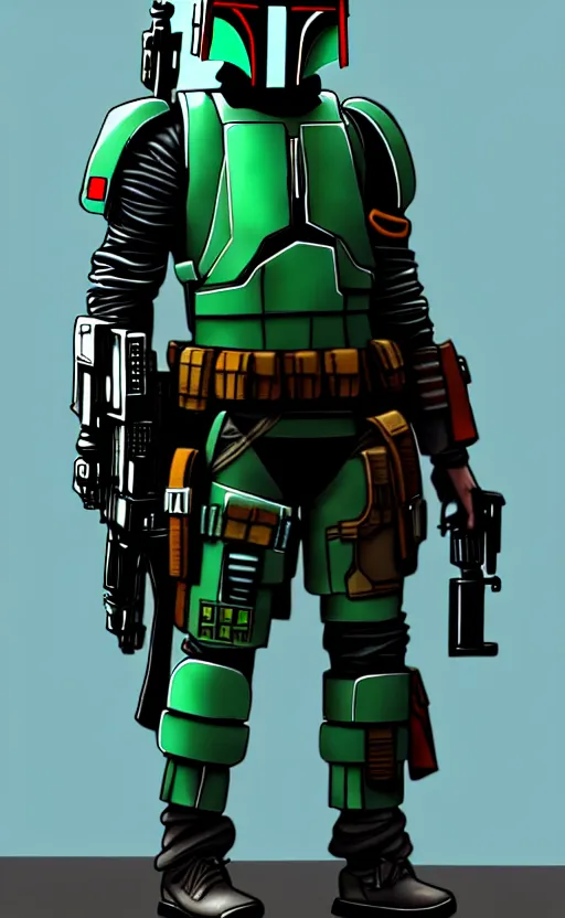 Image similar to cyberpunk mercenary inspired by boba fett in a scenic scifi environment