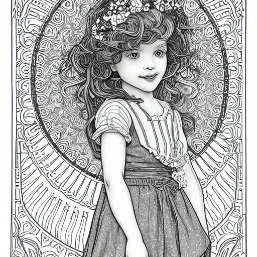 Image similar to clean simple line art of a little girl with wavy curly hair. no background. well composed, clean coloring book page, beautiful detailed face. coloring book line art by greg rutkowski and johanna basford and alphonse mucha