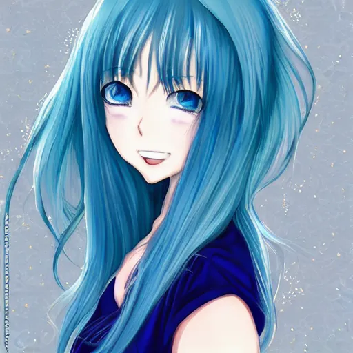 Prompt: very beautiful anime girl, blue hair, by Tran Ross