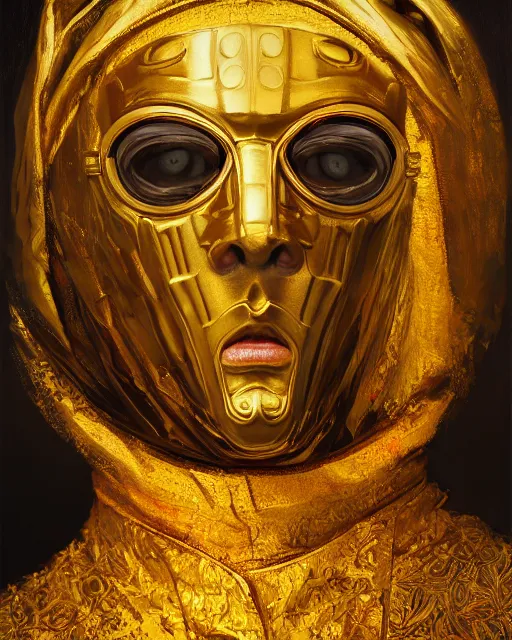 Image similar to oil painting portrait of man with a golden mask, photorealistic, shaded, cinematic lighting, high production value, intricate details, high resolution, hdr, high definition, masterpiece, realistic, ultrarealistic, highly detailed, hd, sharp focus, non blurry, sharp, smooth