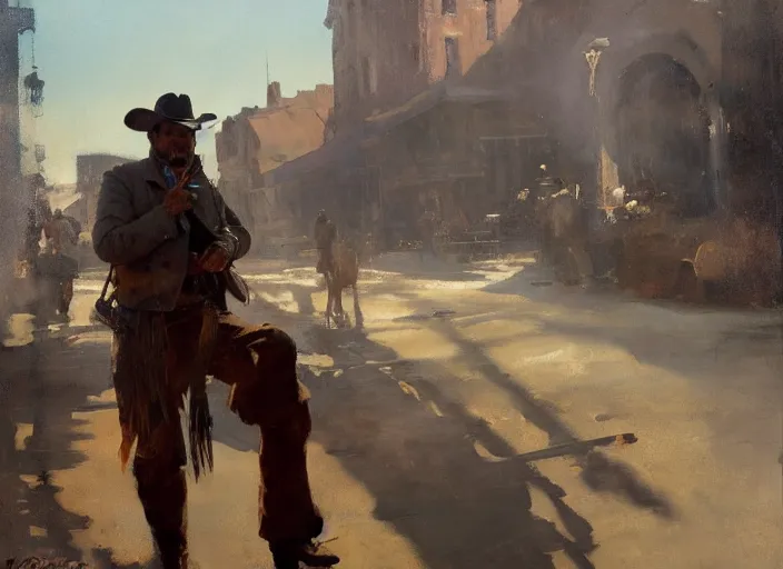 Prompt: oil painting of old rugged cowboy in wild west street, firing revolver, gun smoke, art by anders zorn, wonderful masterpiece by greg rutkowski, beautiful cinematic light, american romanticism by greg manchess, reflections in copper, sunlight, dust and steam