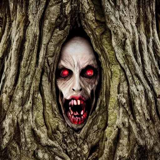 Prompt: an angry pale corpse trapped within a tree trunk, horror, photography, hyper realistic, daytime, gloomy forest, nightmarish